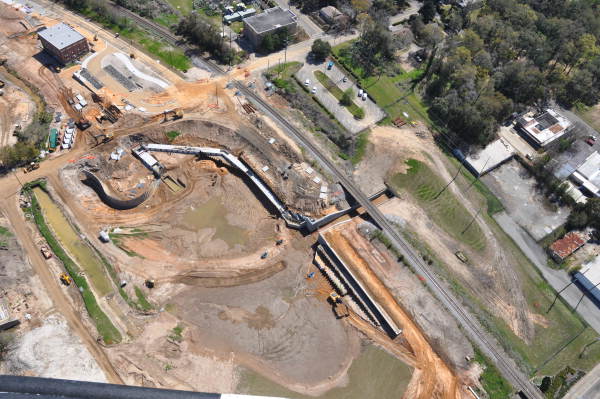 Aerial view looking southeast over construction at Centennial Field at Cascades Park in Tallahassee, Florida.