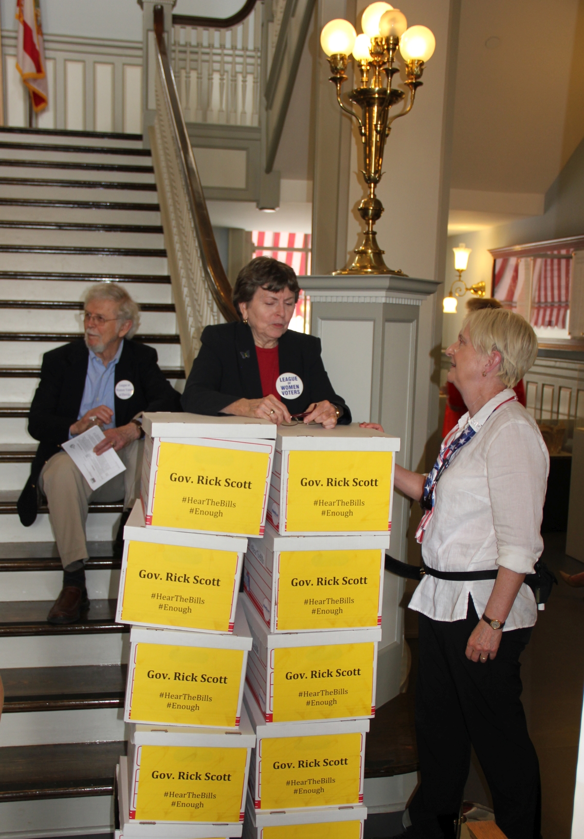 Members from League of Women Voters with petitions at the Old Capitol during the Never Again Rally in Tallahassee.