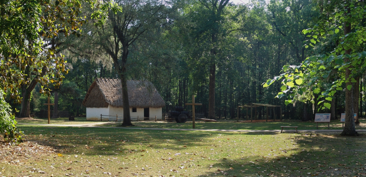 Panoramic view of historic house at Mission San Luis - Tallahassee, Florida.