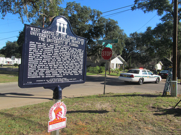 Historical marker for FSU's West Campus at the corner of Eisenhower and Van Fleet streets in Tallahassee, Florida.