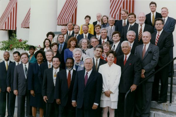 Group portrait of the Florida Constitution Revision Commission members on the steps of the Old Capitol.