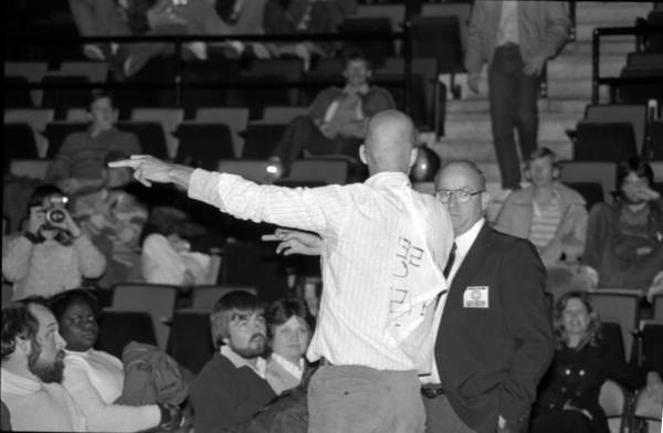 Member of audience shows displeasure towards Jerry Falwell - Tallahassee, Florida.