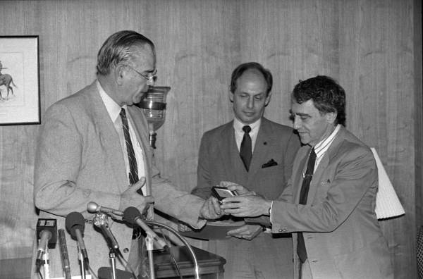 Joseph Papp, well-known theatrical producer and director receives a gift - Tallahassee, Florida.