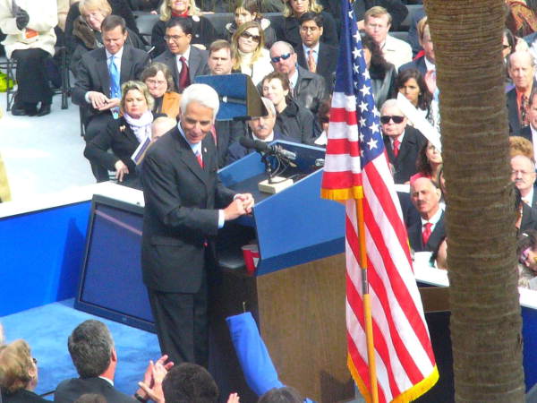 Governor Charlie Crist delivering his inaugural address and looking towards departing Governor Jeb Bush - Tallahassee, Florida.