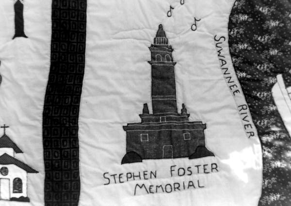 Close-up view of quilt, made by Nancy Morgan, showing the Stephen Foster Memorial in White Springs, Florida.