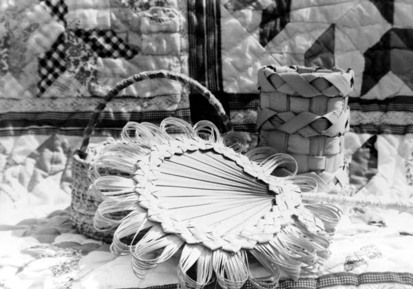 View showing fan and other palmetto crafts made by Jean Waldron in White Springs, Florida.