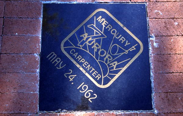 Close-up view showing Mercury 7 mission logo carved in black granite at Space View Park near the U.S. Space Walk of Fame Museum in Titusville, Florida.