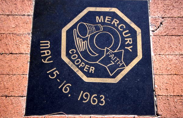Close-up view showing Mercury 9 mission logo carved in black granite at Space View Park near the U.S. Space Walk of Fame Museum in Titusville, Florida.
