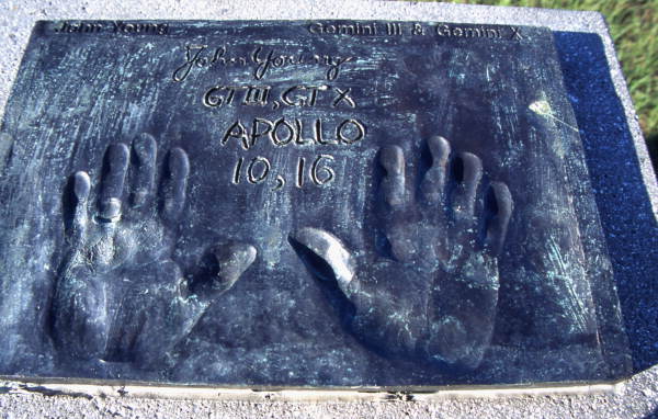 Close-up view showing the handprints of astronaut John Young in Space View Park near the U.S. Space Walk of Fame Museum in Titusville, Florida.