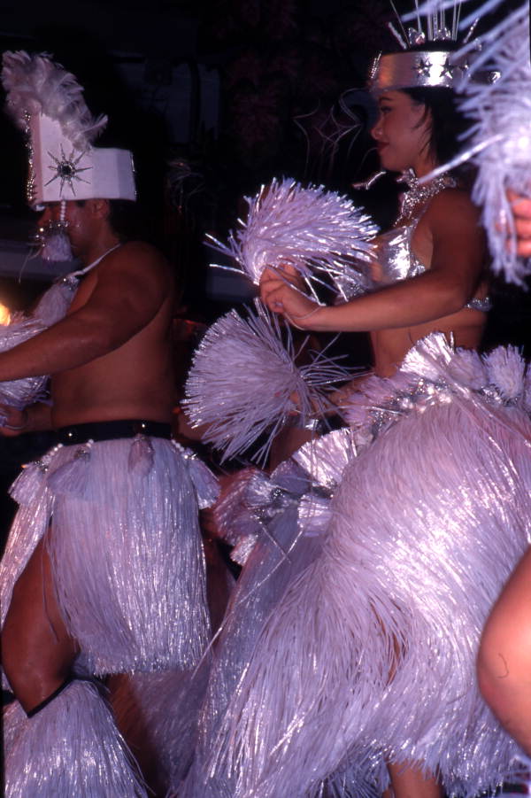 View showing Polynesian dancers during a performance at Sea World in Orlando, Florida.