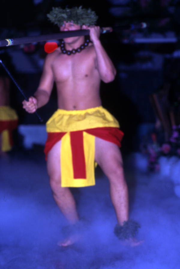 View showing a Polynesian dancer during a performance at Sea World in Orlando, Florida.