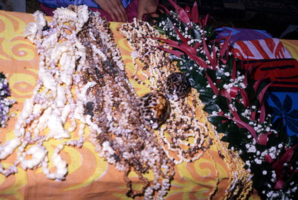 View showing Tahitian lei and necklaces made by Teumere Tehane at the Disney Polynesian Resort in Orlando, Florida.