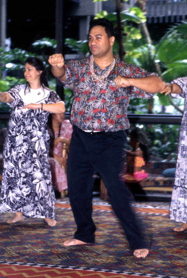 View showing hula instructor Kawehi Punahele at the Disney Polynesian Resort in Orlando, Florida.