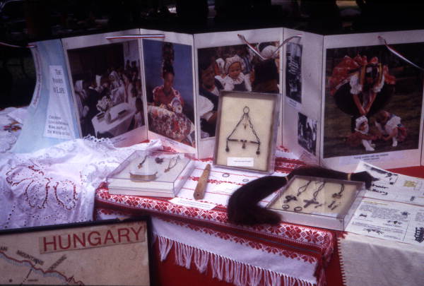Hungarian embroidery with other items on display at the 2003 Florida Folk Festival.