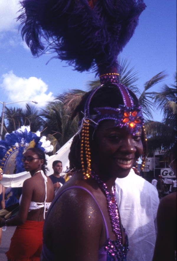 Close-up view of a participant in the Caribbean Carnival at the Homestead Racetrack.