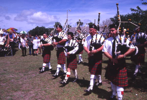 View of a Scottish pipe band during their performance at the Highland Games in Dunedin, Florida.