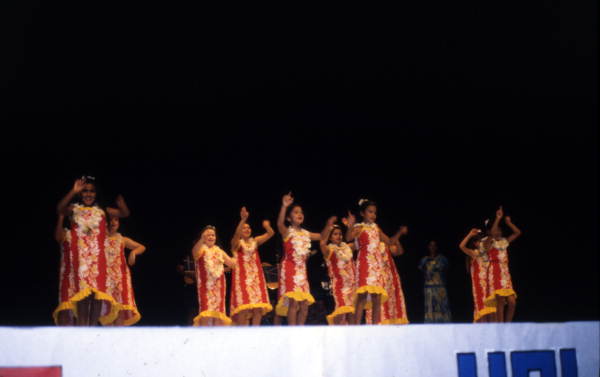 View of participants performing during a hula dance competition in Orlando, Florida.