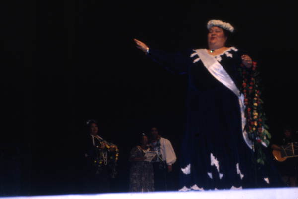 View of a participant performing during a hula dance competition in Orlando, Florida.