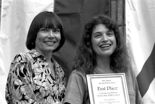 Florida Secretary of State Sandra B. Mortham, left, with Frances Michaels at the Florida Folk Festival.