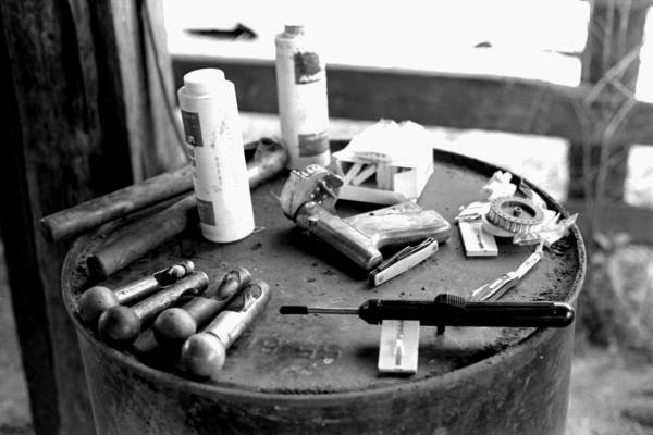 Ear injectors and tools used to dehorn calves on display- Lake Placid, Florida