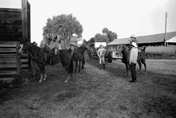 Ronnie Sylvester, Lloyd McGee, and Terry Myers preparing to herd cattle at Buck Island Ranch- Lake Placid, Florida