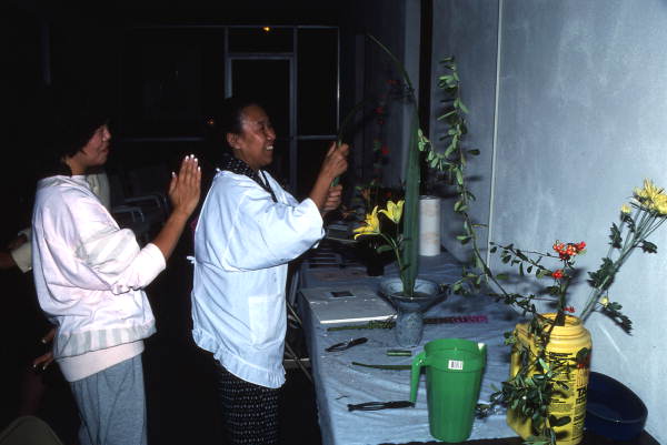 Kathy Leventhal (L) observes as Atsuko Lefcourte makes Ikebana floral arrangement- Lake Park, Florida.