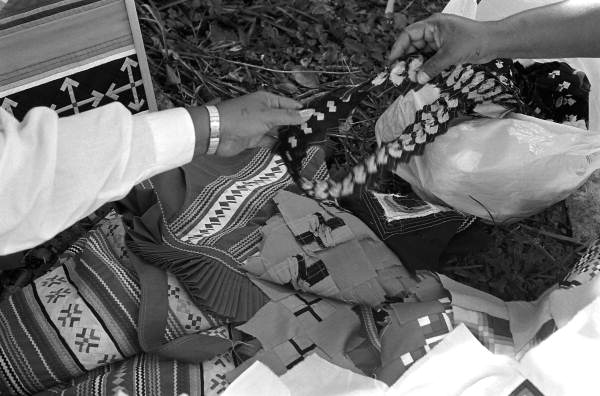 Miccosukee/Seminole patchwork being made by Jennie Billie and her apprentice Minnie Bert - Miccosukee Reservation, Florida