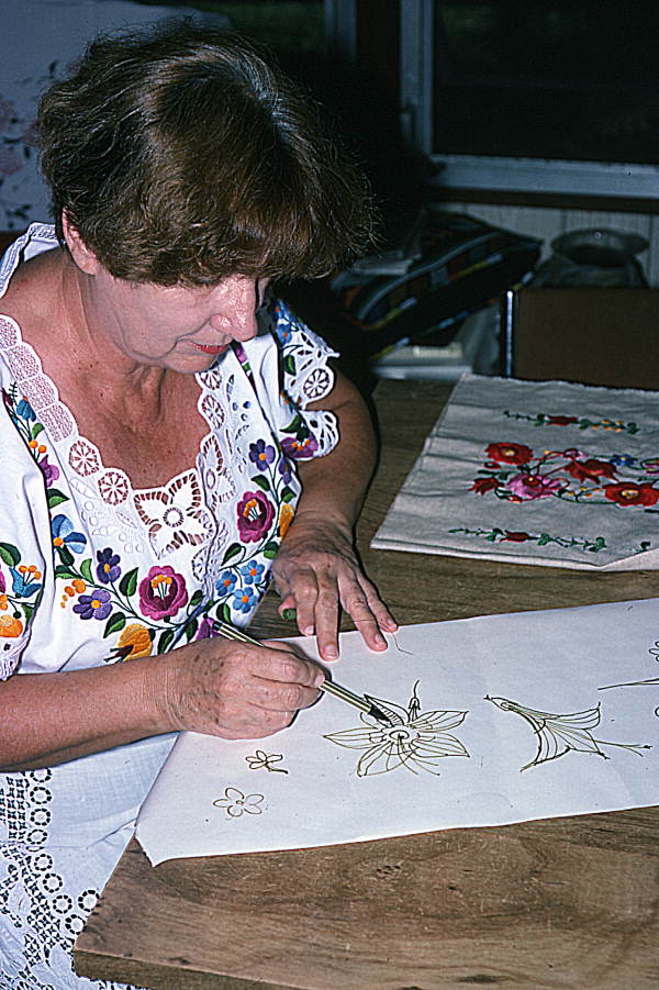 Margaret Horvath drawing a Hungarian embroidery pattern- Port Orange, Florida