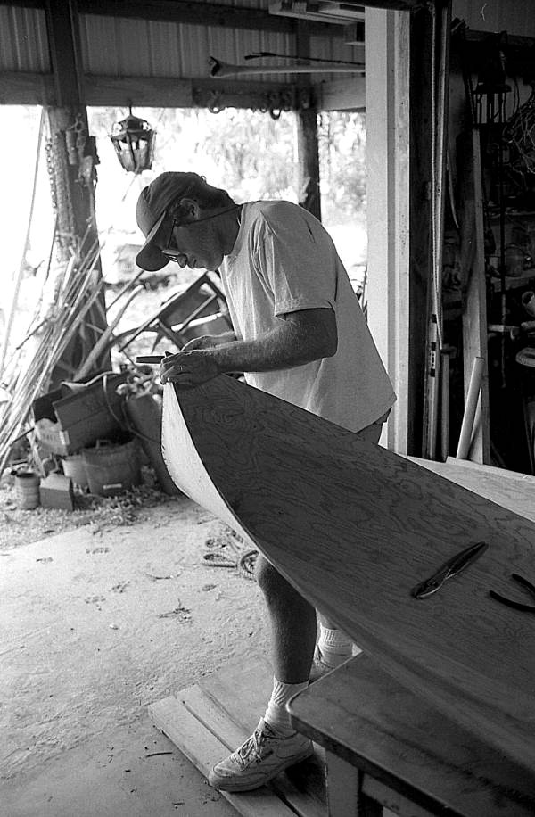 Glen Simmons' apprentice Donald Edwards building a glades skiff- Florida City, Florida