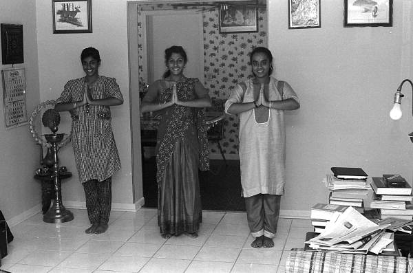 Nila Radhakrishnan (center) teaching apprentices Prema Menon (L) and Priya Menon East Indian dance- Dade City, Florida