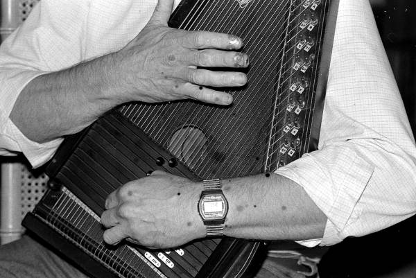 Hands of autoharp player Charley Groth at work- Crystal Beach, Florida