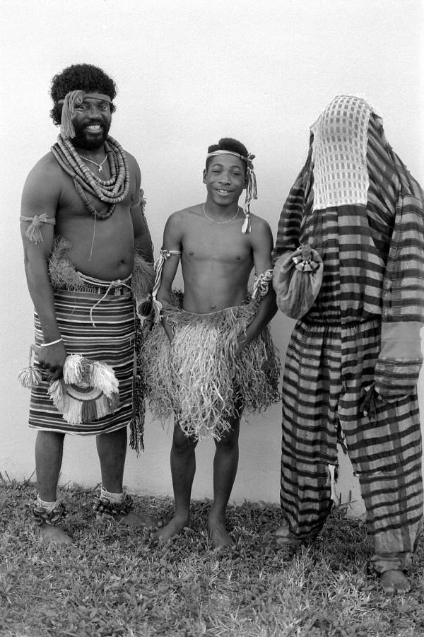 Nigerian acrobatic dancers Augustine (l) and Felix Omeben (r) with apprentice Akila Baki - North Miami, Florida.