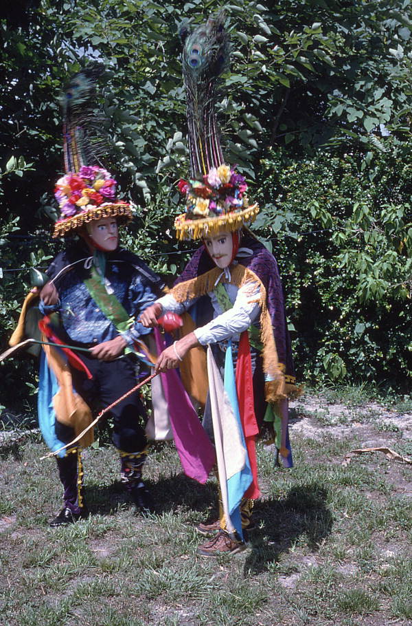 Jose Silva, right, and his apprentice Marvin Silva rehearse the role of the mandador, or Spanish commander, for the Nicaraguan Toro Huaco pageant.