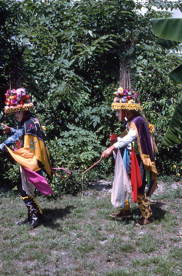 Jose Silva, right, and his apprentice Marvin Silva rehearse the role of the mandador, or Spanish commander, for the Nicaraguan Toro Huaco pageant.