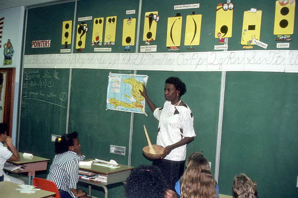 Haitian storyteller Liliane Nerette-Louis speaking to elementary class - Boynton Beach, Florida.