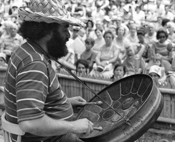 Jay Starker of Sarasota playing the steel drum at the 1970 Florida Folk Festival - White Springs, Florida
