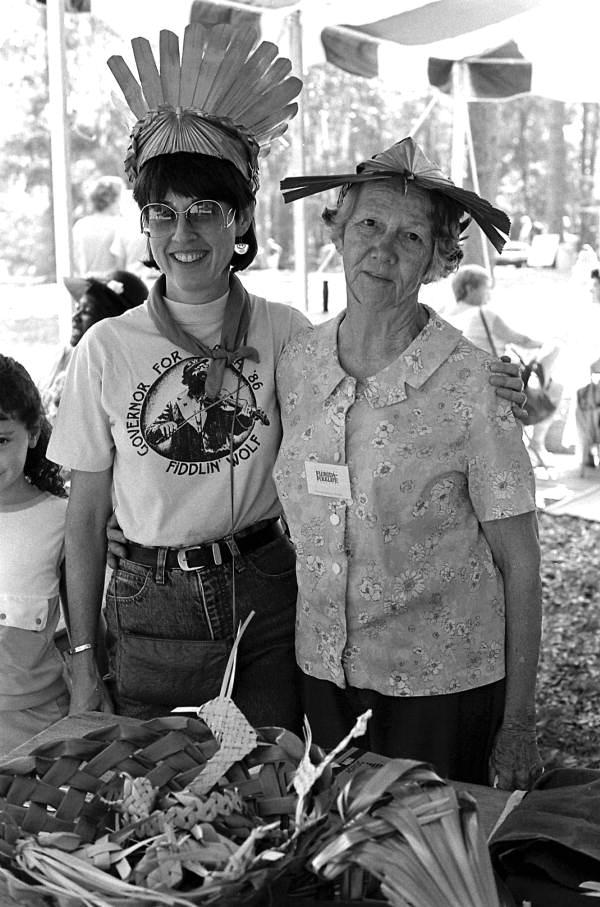 Palmetto crafter Evelyn Caffee Parks, right, and folklorist Merri Belland at the 1986 Florida Folk Festival - White Springs, Florida