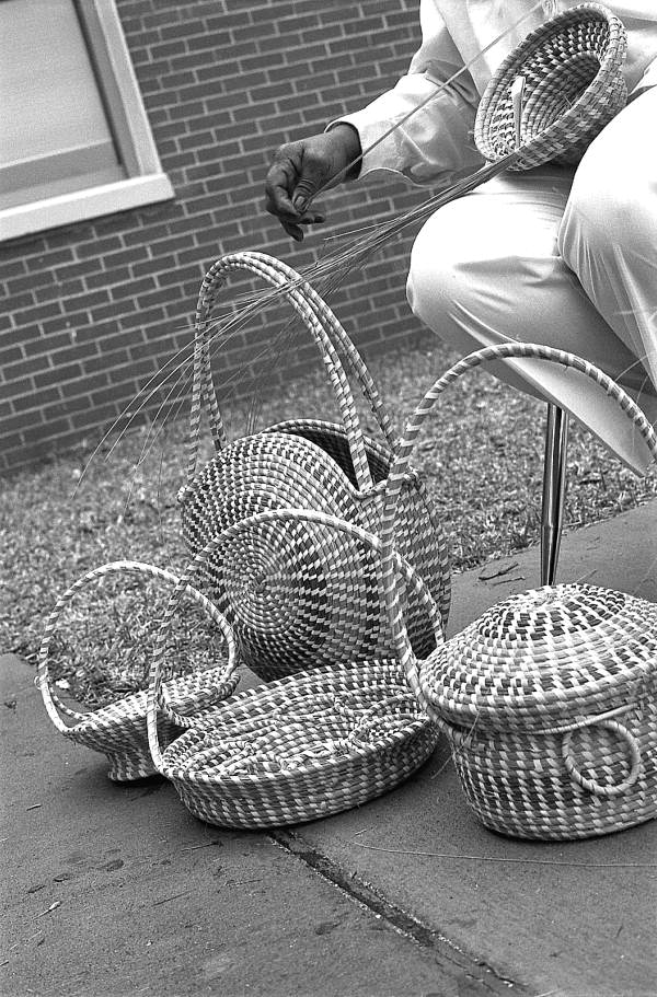 Close up view of Margaret Garrison's sweetgrass baskets