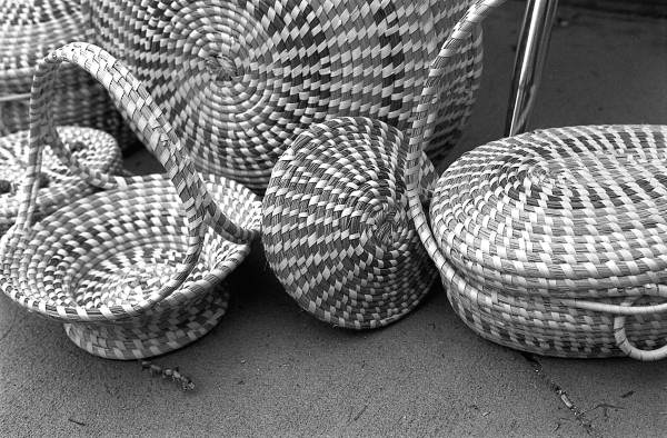 Close up view of Sweetgrass baskets created by Margaret Garrison