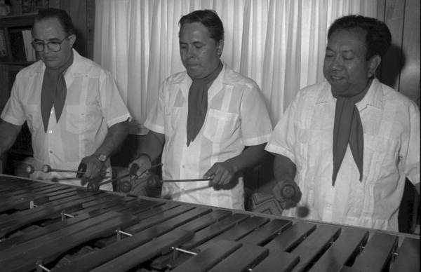 Close up of three of the members of Marimba Mayalandia perform in the Rivera residence - Orlando, Florida.