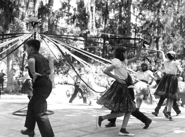 Fifth grade students from Madison Elementary School playing with a maypole- White Springs, Florida
