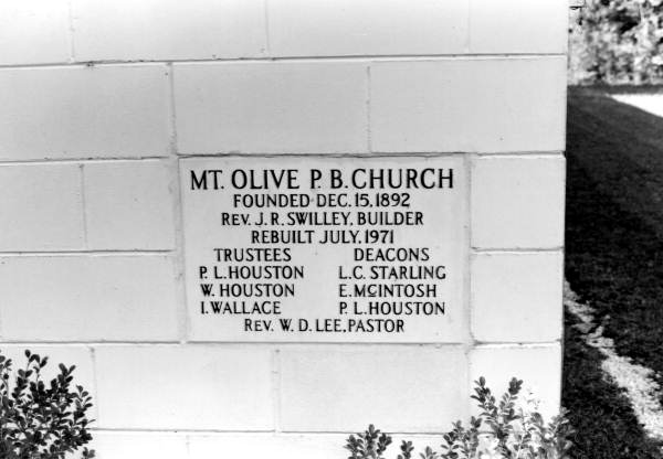 Plaque at the cornerstone of Mt. Olive Primitive Baptist Church- Lamont, Florida