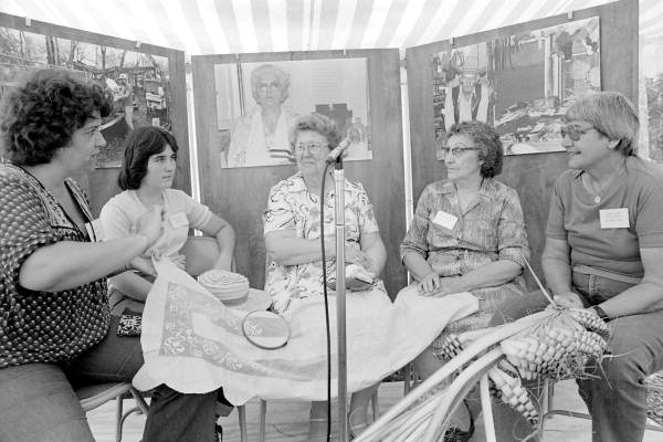 Domestic arts discussion at the Minorcan folklife area during the 1983 Florida Folk Festival - White Springs, Florida