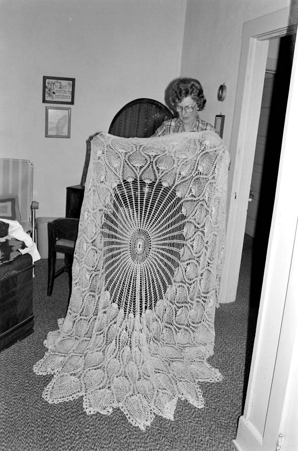 Margaret Triay holding up her crocheted item - Elkton, Florida