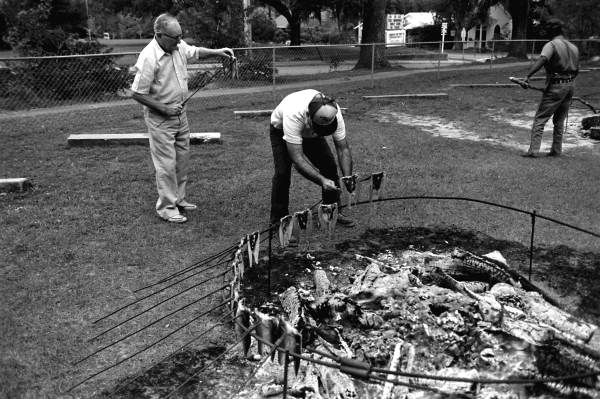 Men putting forks with mullet fish on ring over fire to smoke - Monticello, Florida