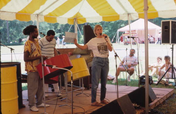 Folklorist Nancy Nusz introducing the Southwest Florida Steel Drum Band at the 1988 Florida Folk Festival- White Springs, Florida