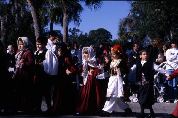 Greek American children dance in the park - Tarpon Springs, Florida.