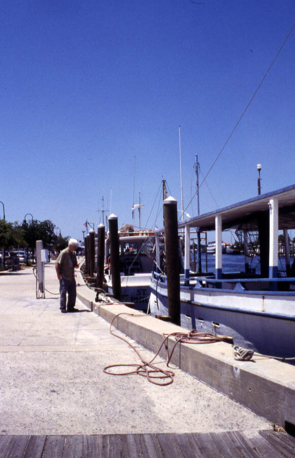 Bob Stone by boats at a dock - Tarpon Springs, Florida.
