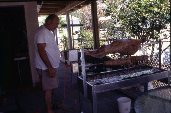Angelos Markon roasting lamb for Easter - Tarpon Springs, Florida.