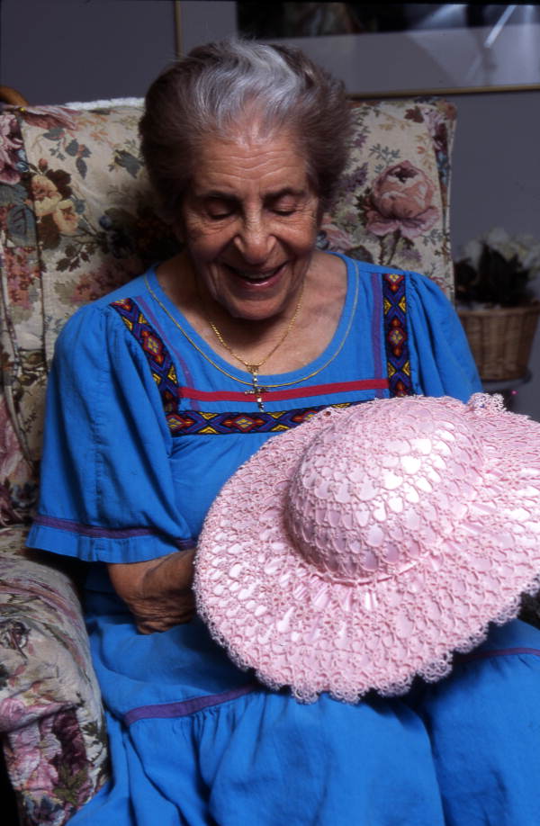 Lillian Shoucair holds a hat with tatting - Titusville, Florida.